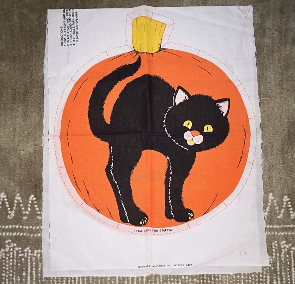 Vintage Halloween Black Cat Pumpkin Pillow Fabric Panel
